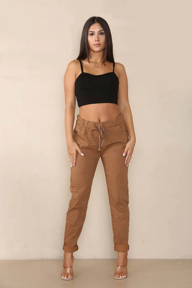 Women's Italian Lagenlook Jogger Pants - Stretch Comfy Trousers With Drawstring