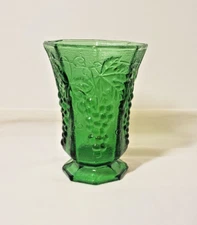 Vintage Anchor Hocking Emerald Green Glass Flower Vase with Grape Pattern 6.5"