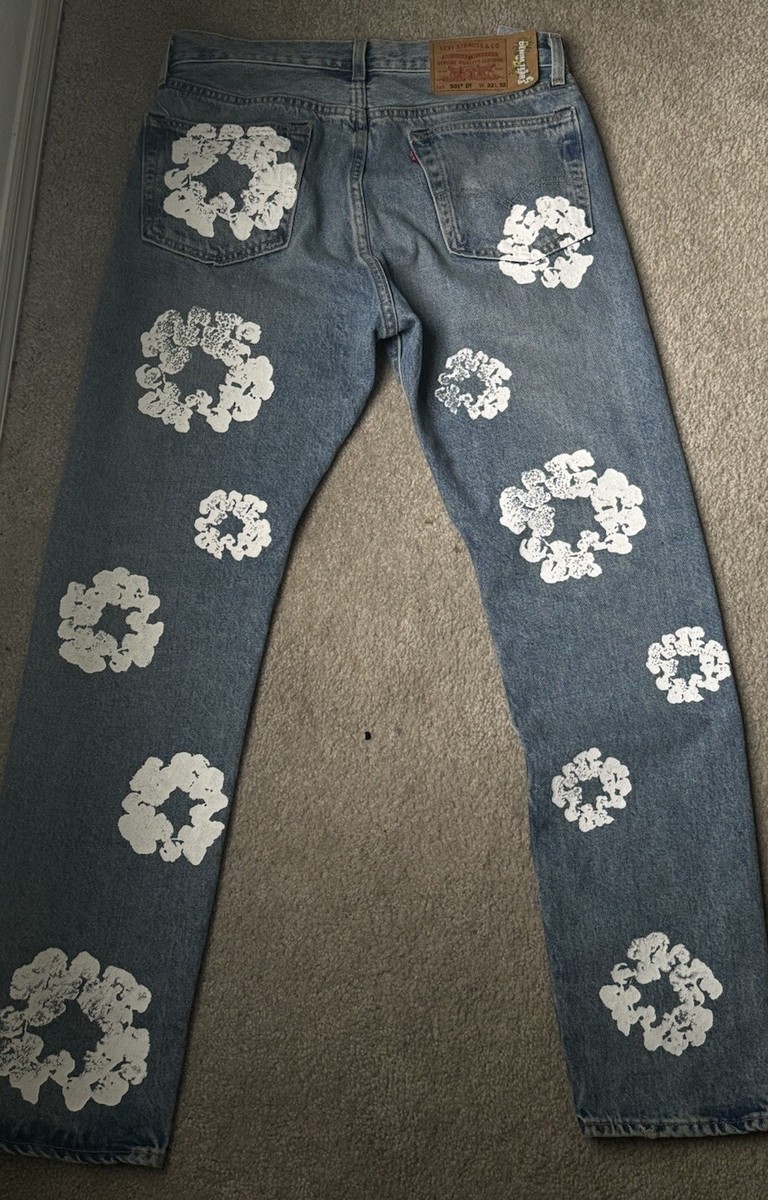 Denim Tears × LEVI’S 501 W38 L34 DENIM TEARS X LEVIS COTTON WREATH 501 JEANS IN BLACK-WHITE