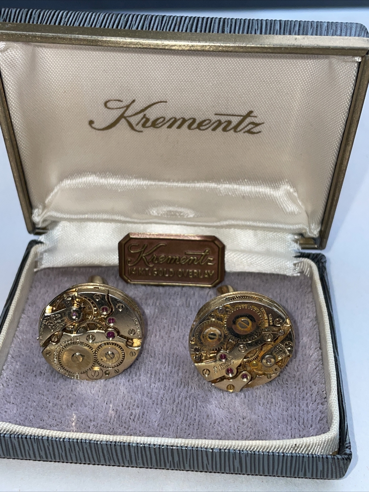 Vintage Krementz Faux Pocket Watch Works Cuff Links Gem