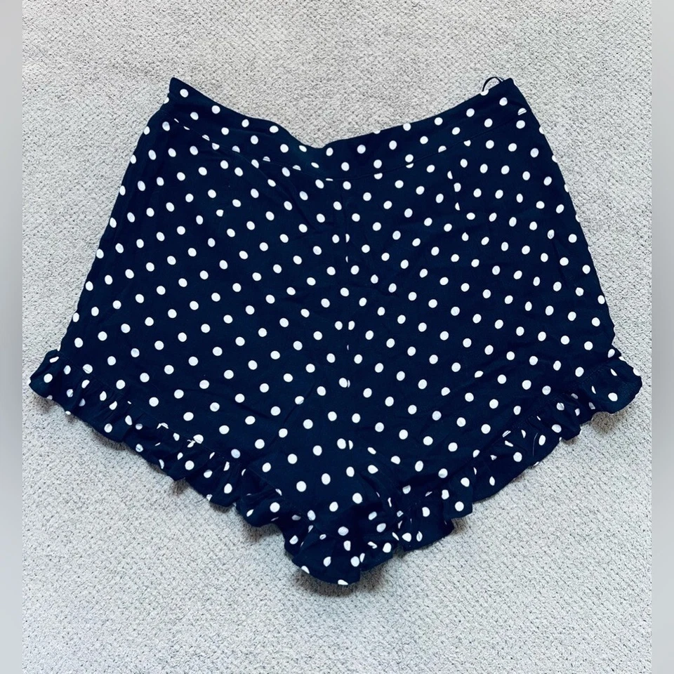 Pantalones Cortos Lucca Daniella Para Mujer Grandes Azul Marino Lunares Cintura Alta Volantes Dobladillo Foto 3 de 4