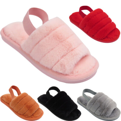 DAMEN NEU WARM FLAUSCHIG SLINGBACK RIEMEN OFFENE SPITZE DAMEN KUSCHELIG FELL HAUSSCHUHE SANDALEN