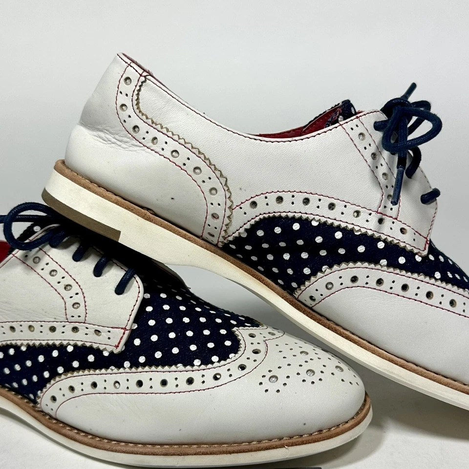 Johnston & Murphy Belinda Punta de Ala Oxford Blanco Lunares Denim Azul Rojo talla 7.5