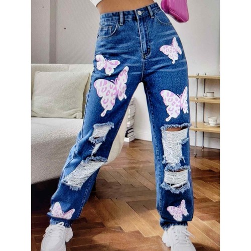 Jeans a vita alta con farfalle taglia L - Foto 2 di 4
