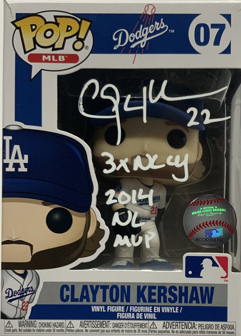 Clayton Kershaw Autographed Signed Los Angeles Dodgers DODGERS FUNKO POP 07 "3X NL CY, 2014 NL MVP" INS BAS ITP 