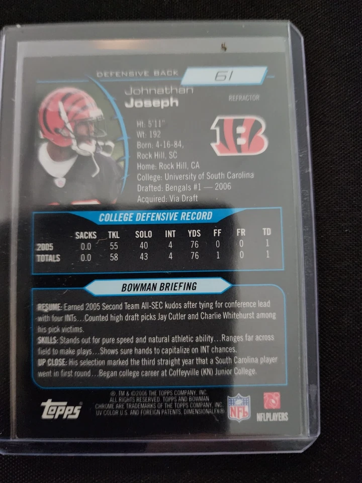 Johnathan Joseph 2006 Bowman cromo novato refractor #61 Cincinnati Bengals Foto 2 de 2