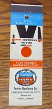 LOW PHONE # 44 MATCHBOOK COVER: FOWLER HARDWARE STORE, INDIANA MATCHCOVER -B14