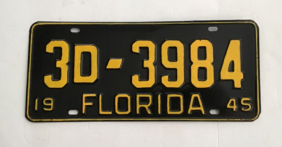 F☆¥1@89 1945 Florida License Plate Tag 3D3984 (# available 8/23