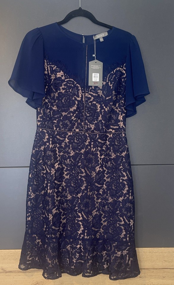 Oasis Chiffon Sleeve Lace Skater Dress Navy Sz 10 eBay