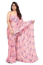 Indian Chiffon Saree With Unstitched Blouse Piece Party Wedding Wear For Women