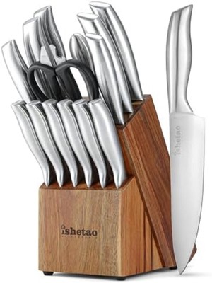 Knife Set, 15-Piece Kitchen Knife Set with Block Wooden German Stainless Steel
