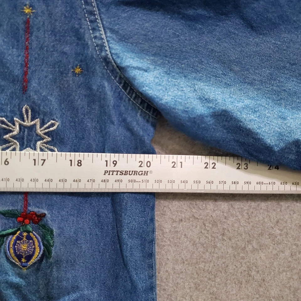 Bobbie Brooks Women Top Medium Blue Denim Embroidered Holidays Button Up Collar - Image 3 of 4