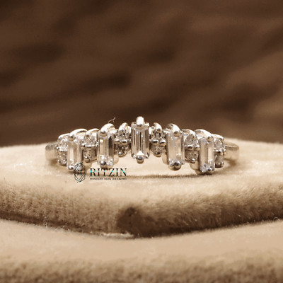 Baguette and Round Cut Moissanite Half Eternity 925 Sterling Silver Band For Her