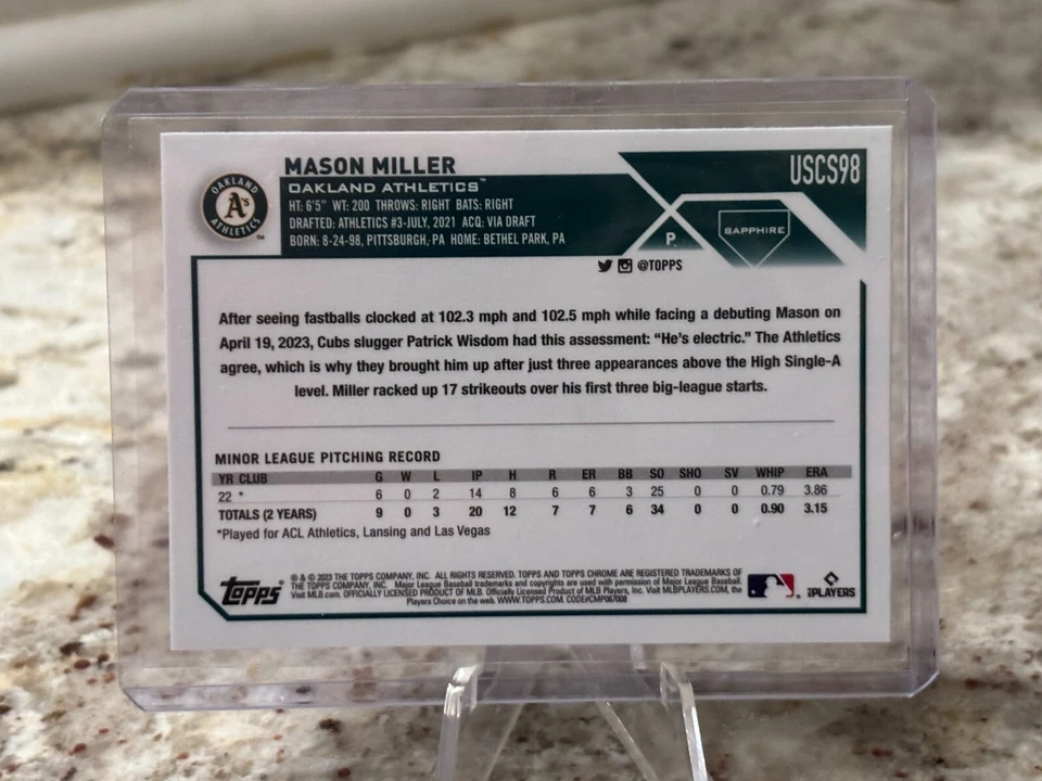 2023 Topps Chrome Update Sapphire MASON MILLER ROOKIE RC #USCS98 ATHLETICS - Image 2 of 2