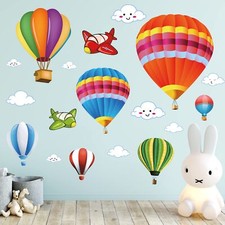 RW-8070 3D Colorful Hot Air Balloons Wall Decals Cartoon Aircrafts Smile Clou...