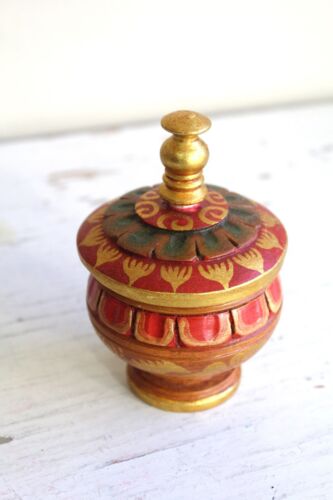 Hand Painted Round Wood Jar Trinket Treasure Box Gold Red Tibetan Style Wooden - Picture 2 of 6