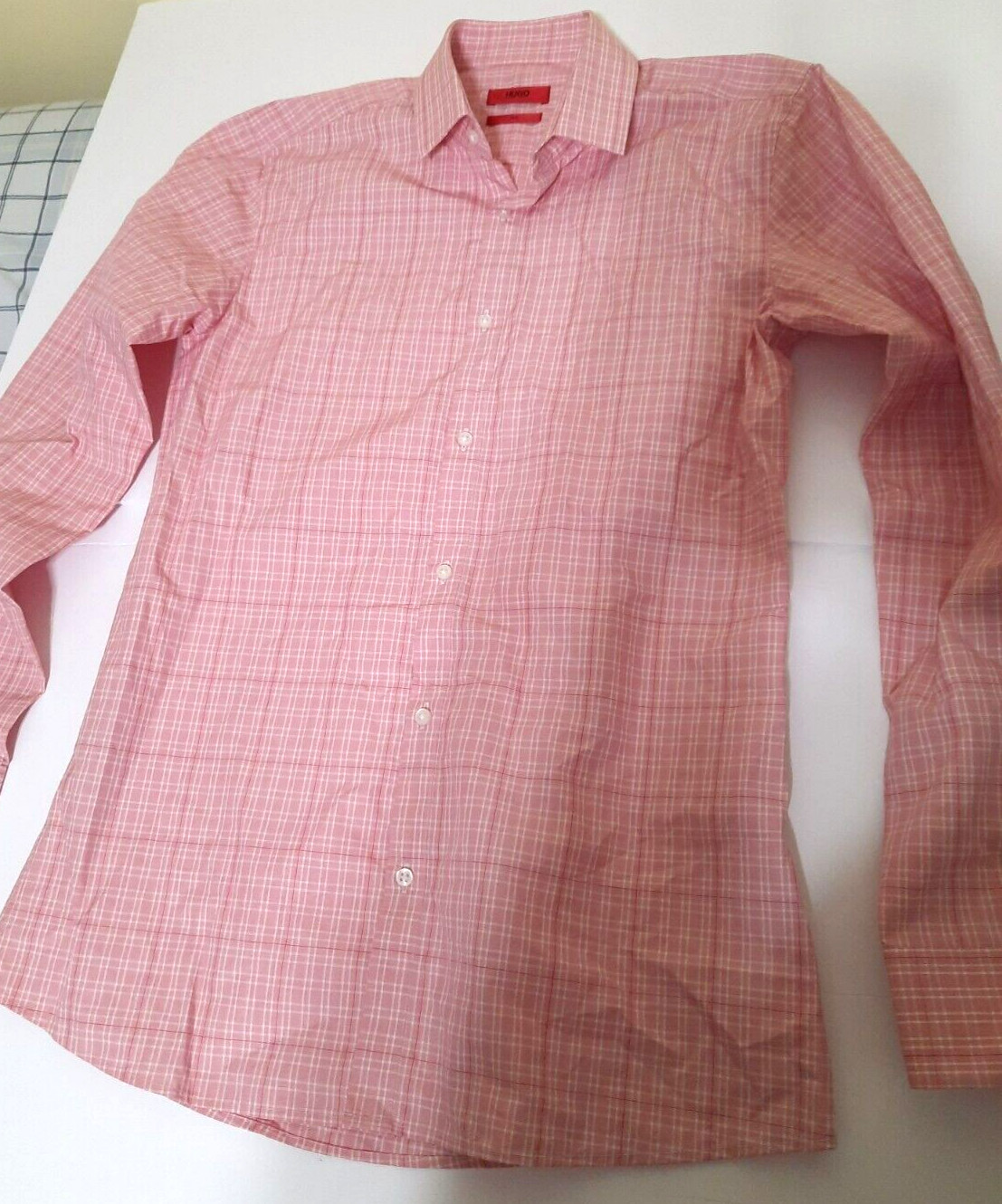 Hugo Boss Red Label Mens 15 32 33 Slim Long Sleeve Pink White Plaid Dress Shirt
