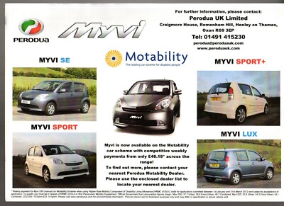 Perodua Myvi Motability 2012 UK Markt Einzelblatt Verkaufsbroschüre