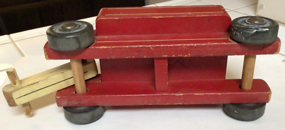 Vtg Small Wooden Toy Wagon 13” Chippy Red Rustic Farm Display  display picture 1