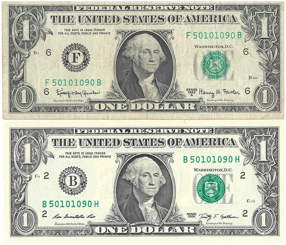 TWO MATCHING SERIAL NUMBERS FEDERAL RESERVE NOTES 1963A FOWLER - Image 2 of 4