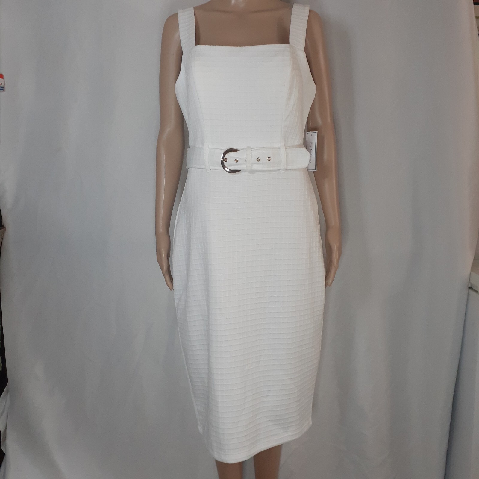 Premier Amour Sleeveless MIDI Sheath Dress Size 12 Off White w/Gold Buckle  *NEW* 791841319887 | eBay