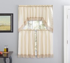 American Linen 3-Piece Kitchen Caf  Curtains with Embroidered Lace Beige 