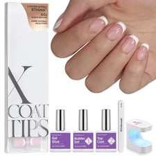 XCOATTIPS French Tips Nails - Extra Short Square Nail Tips with Nail Gel, French