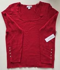 NWT Liz Claiborne Womens Cabaret Red Ribbed Sweater Top Bling Button XXL Soft