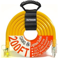 200ft 12/3 Gauge Heavy Duty Outdoor Extension Cord with Lighted End Waterproof