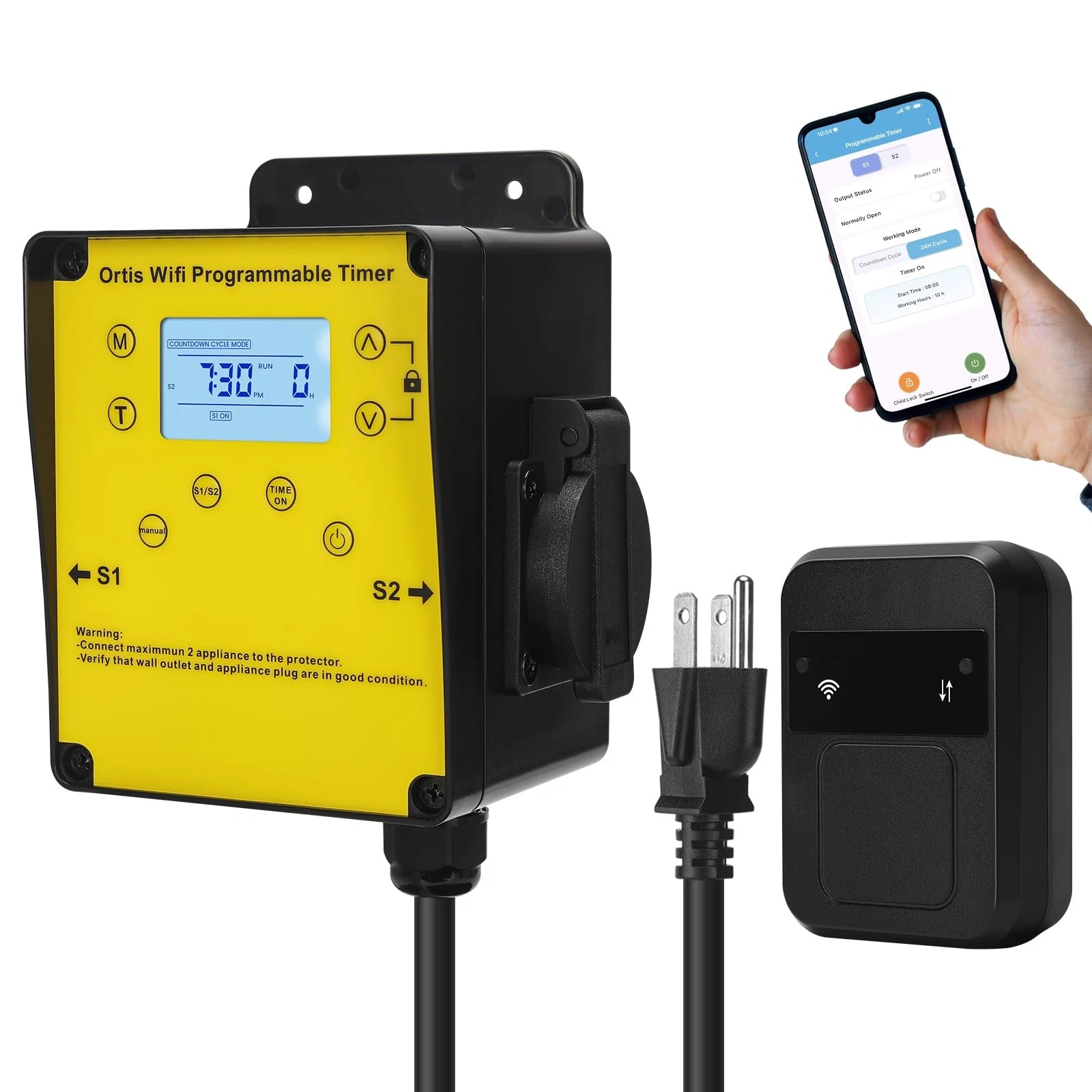 WiFi Pool Timer Switch with Remote Control, Dual Outlets & LCD Display