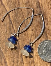 Long Vintage Abstract 925 Artisan White Blue Sea Glass Dangle Earrings