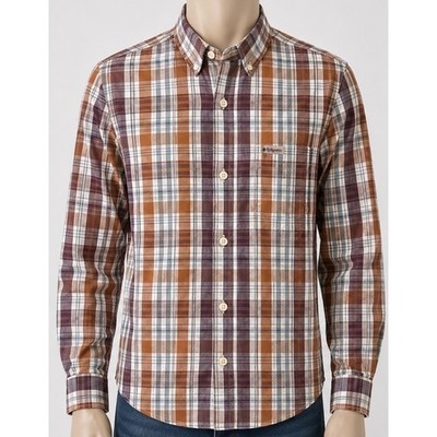 Columbia Mens Plaid Long Sleeve Button Down Shirt Orange Burgundy AM7968 Size M
