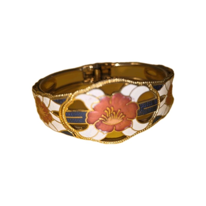 VTG Cloisonne Bracelet Enamel Hinged Clamper Lotus Flower Design Gold Tone