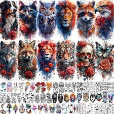 69-Sheet Temporary Tattoo Pack   Watercolor Animal Sleeves  3D Mini Tattoos