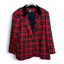 VTG Red Plaid Blazer Black Velvet Collar 20W Wool Blend SAG Harbour Woman Preppy