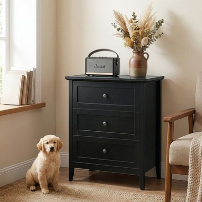 three-drawer nightstand, 1 USB port, 1 Type-C port, and 2 three-prong outlets