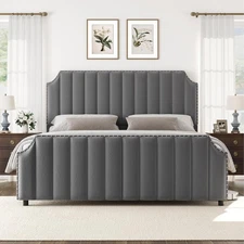 King Size Platform Bed Frame with 50.2 in Headboard Velvet Upholstered Bed Frame
