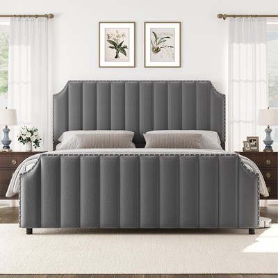 King Size Platform Bed Frame with 50.2 in Headboard Velvet Upholstered Bed Frame
