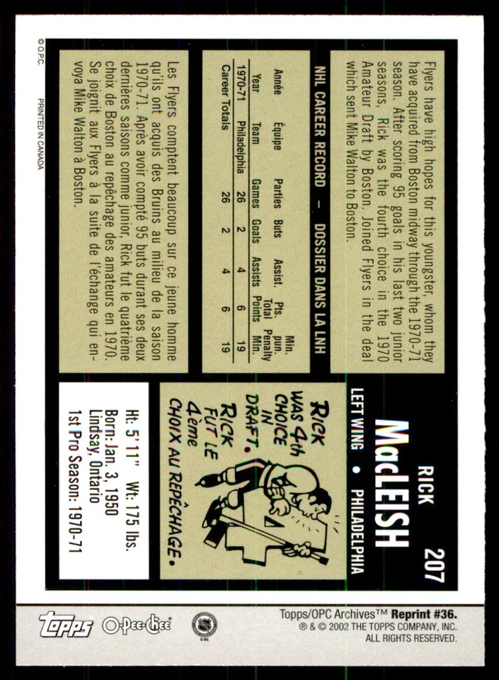 2001-02 Topps / O-Pee-Chee Archives Rick MacLeish #36 - Image 2 of 2