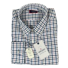 NEW UNTUCKit Mens Seyval Wrinkle Free Button Up Shirt LT Reg Blue Plaid Cotton
