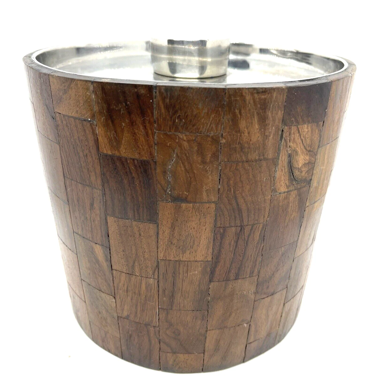 West Elm Teak Inlay over Stainless Steel MCM Style Ice Bucket eBay
