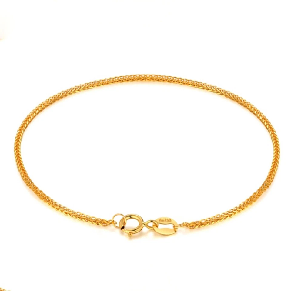 Pure 18K Yellow Gold Chain Women Lucky 0.9mm Solid Wheat Bracelet 5.9''-9.4'' - Image 4 of 4