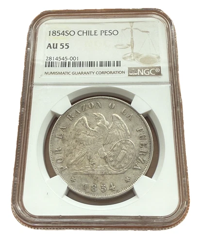 Chile 1854 SO Silver 1 Peso NGC AU55