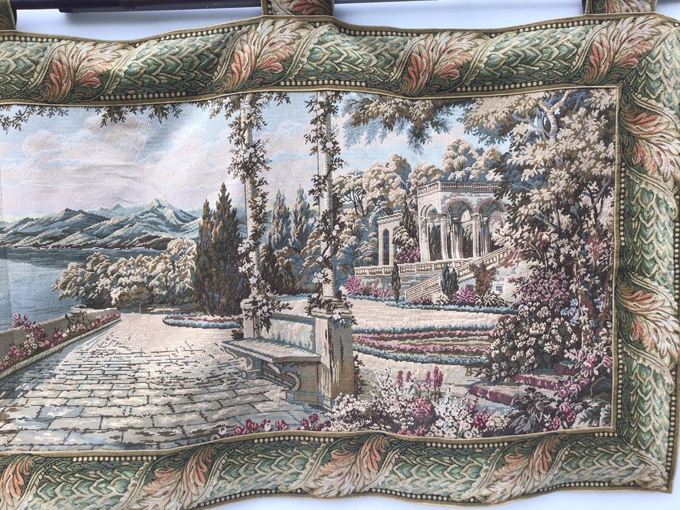 VERY LARGE WOVEN TAPESTRY WALL HANGING ITALIAN LAKE SCENE 204cm X 90cm