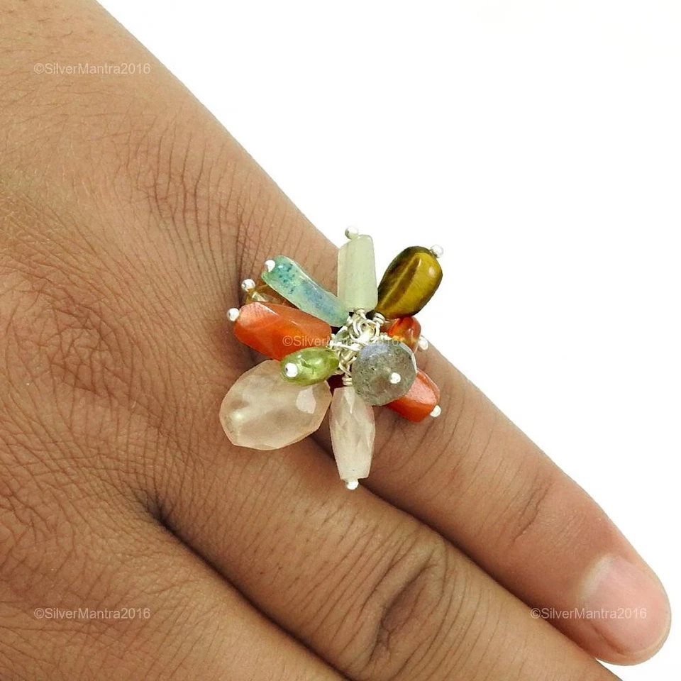 Taglio Briolette Peridoto Gemma DI TIGRE Occhio Moglie Perline Anello Argento US - Immagine 4 di 4