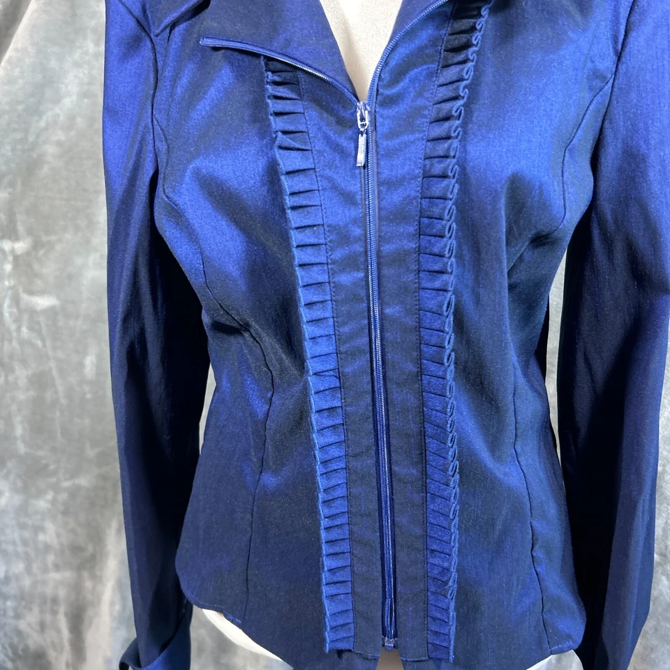 Chaqueta Samuel Dong Mujer S Azul Real Metálico Satinado Volantes Cuello Vacaciones Foto 4 de 4