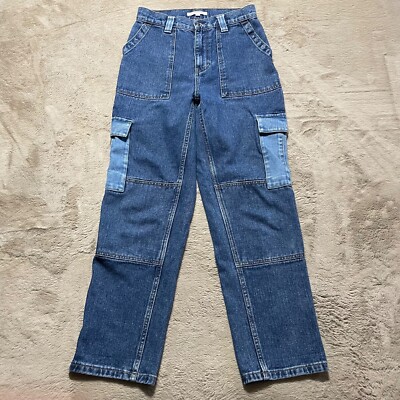 Pacsun Denim Cargo Pants Womens Size 26 Colorblock Blue Tapered Baggy