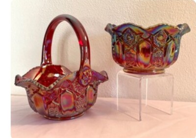 Vintage L.E. Smith Amberina Carnival Glass Bowl & Basket.  Beautiful set!