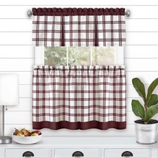 Plaid Checked 3-Piece Modern Window Kitchen Curtain, Solid Rod Pocket Top, Red