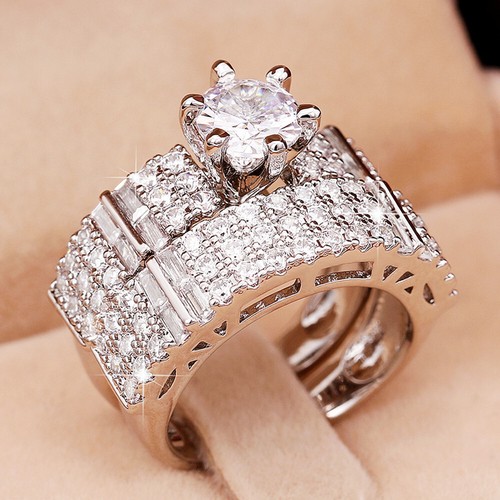 Luxury 2pcs/set 925 Silver Plated Rings Cubic Zircon Women Wedding Gifts Sz 6-10 - Bild 3 von 8